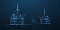 Oil rigs. Abstract 3d floating rig platforms isolated on blue. gas platform, offshore drilling, refinery plant