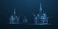 Oil rigs. Abstract 3d floating rig platforms isolated on blue. gas platform, offshore drilling, refinery plant