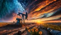 oil rigs at sunset