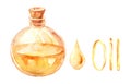 Oil set. Watercolor oil bottle with drop and word oil