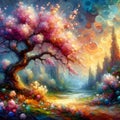 Oil sketch painting of tree blossoms, in a mythical.lamdscape, breathtaking, colorful, glowing, brushstroke, digital art, nature