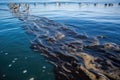 oil slick on the surface of the ocean, with seagulls and pelicans nearby