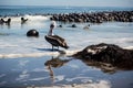 oil slick on the surface of the ocean, with seagulls and pelicans nearby