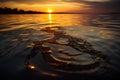 oil slick in the water and against a serene sunset backdrop