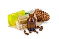 Oil and soap different with cedar nuts and cone Royalty Free Stock Photo