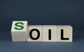Cubes form the words Oil or soil. Ecology concept, Crude oil resources, gas, oil, fuel market industry