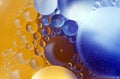 Oil spheres in the water, close-up macro shot in front of a multi-colored background. Royalty Free Stock Photo