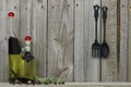 Oil spice jars with cast iron spoon and fork against wood background