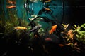 oil spill in aquarium, with fish and plants floating on the surface Royalty Free Stock Photo