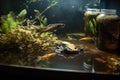 oil spill in aquarium, with fish and plants floating on the surface Royalty Free Stock Photo