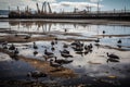 oil spill in the bay, with birds and fish swimming among the slicks Royalty Free Stock Photo