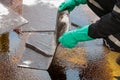 Oil spill cleanup on working area. danger for the nature Royalty Free Stock Photo