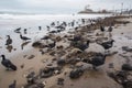 oil spill covered beach with birds, fish, and other wildlife in the background Royalty Free Stock Photo