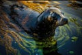 oil spill in a marine ecosystem, with oil covering the water and wildlife