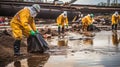 Oil spill pollution cleanup with workers in hazmat suits