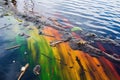 oil spill with rainbow sheens on water surface Royalty Free Stock Photo