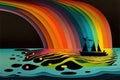 Oil Spill: an oil spill on the surface of the ocean, with rainbow sheen visible in the water AI generation