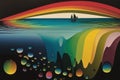 Oil Spill: an oil spill on the surface of the ocean, with rainbow sheen visible in the water AI generation