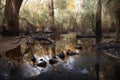 oil spill in tranquil natural setting, with birds and frogs nearby