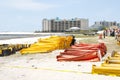 Oil spill workers at seashore Royalty Free Stock Photo