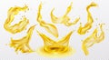 Oil splash, apple juice, yellow beer. Liquid lemon water or tea in motion, honey drips and drop flow, natural fruit Royalty Free Stock Photo