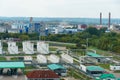 Oil storage facility on the territory of the city. Oil refinery and chemical production. Large iron barrels with petroleum