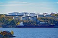 Oil storage tanks on Stockholm archipelago coast Royalty Free Stock Photo