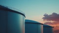 Oil storage tanks at sunset, Industrial background Royalty Free Stock Photo