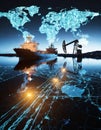 Oil tanker; oil well silhouette and a hologram of the World map. Global supply chains concept image. Generative AI Royalty Free Stock Photo