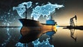 Oil tanker; oil well silhouette and a hologram of the World map. Global supply chains concept image. Generative AI Royalty Free Stock Photo