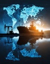 Oil tanker; oil well silhouette and a hologram of the World map. Global supply chains concept image. Generative AI Royalty Free Stock Photo