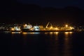 Oil tanker stocking up. Night photo of the sea.