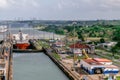 Oil tanker ship entering the Miraflores Locks in the Panama Canal Royalty Free Stock Photo