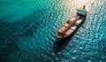 A oil tanker ship sails in the ocean, daytime view from above