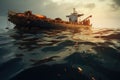 oil tanker ship on the sea at sunset. 3 d illustration, An oil spillage in the ocean, tanker in the back, AI Generated Royalty Free Stock Photo