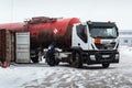 Oil tanker truck with a semitrailer tank is refueling