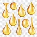 Oil transparent drops. Yellow liquid golden oil vector realistic collection of splashes