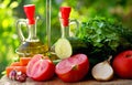 Oil vinegar and vegetables. Royalty Free Stock Photo