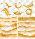 Oil waves. Realistic golden liquid surface of oil petrol flow drops and splashes fuel vector collection