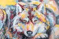 Oil wolf portrait painting in multicolored tones. Royalty Free Stock Photo