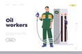 Oil workers professional service refueling car at petrol filling station advertising landing page