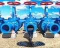 Oild flows out of blue metal pipeline and falls down the ground, oil puddle, pipeline concept,