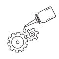 Oiler with dripping drop of oil lubricating two spinning gears. Linear icon of motor oil. Black simple illustration. Contour