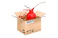 Oiler, Red Oil Can inside cardboard box, delivery concept. 3D rendering Royalty Free Stock Photo