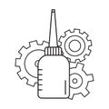 Oiler with three cogwheels in background. Linear icon of motor lubricating oil. Black and white simple illustration. Contour