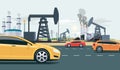 Oilfield with oil pumps with fossil coal gas power stations and cars traffic