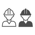 Oilfield worker, builder in safety helmet line and solid icon, oil industry concept, engineer vector sign on white Royalty Free Stock Photo