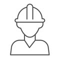 Oilfield worker, builder in safety helmet thin line icon, oil industry concept, engineer vector sign on white background Royalty Free Stock Photo
