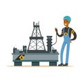 Oilman inspecting equipment on an oil rig drilling platform, oil industry extraction and refinery production vector