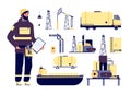 Oilman. Oil industrial environment, petroleum technology. Factory worker, tanker ship, pipes and barrels. Vector